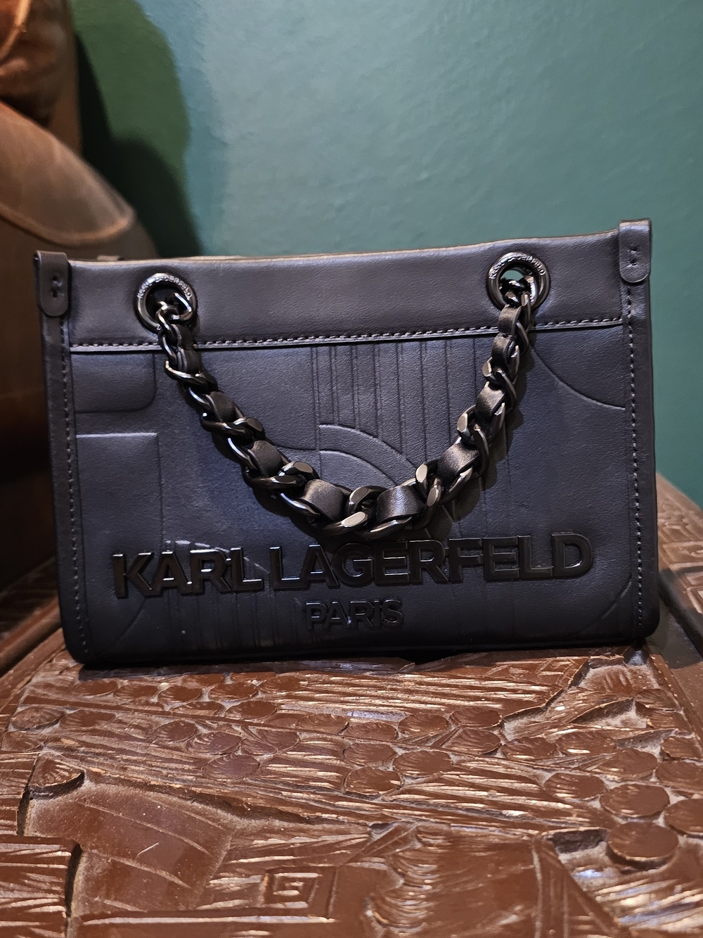 Karl Lagerfeld Black Leather Chain-Handle Shoulder Bag